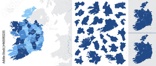 Detailed, vector, blue map of Ireland  with administrative divisions country photo