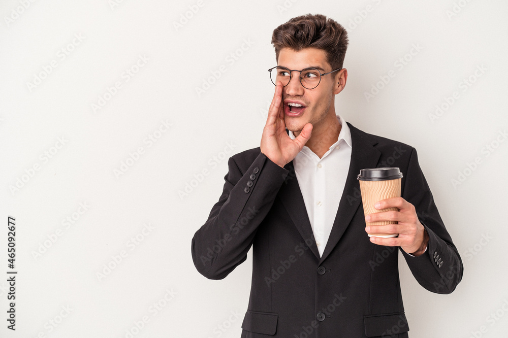 Young business caucasian man holding take away coffee isolated on white background is saying a secret hot braking news and looking aside Young business caucasian man holding take away coffee isolated on white background is saying a secret hot braking news and looking aside