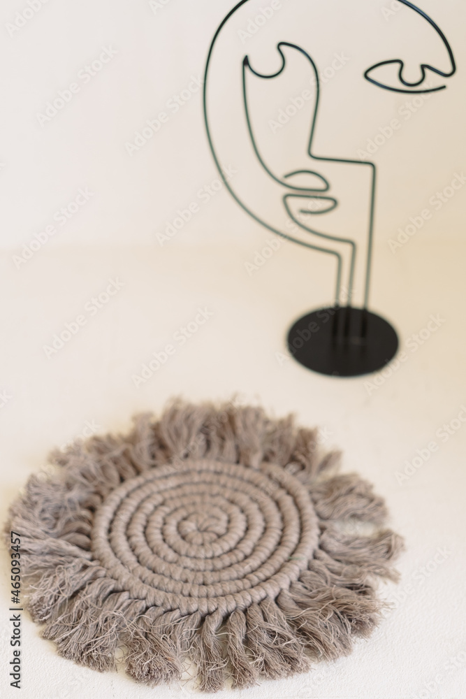 Hand made macrame coasters ECO friendly modern knitting Natural decoration concept Hand made macrame coasters ECO friendly modern knitting Natural decoration concept
