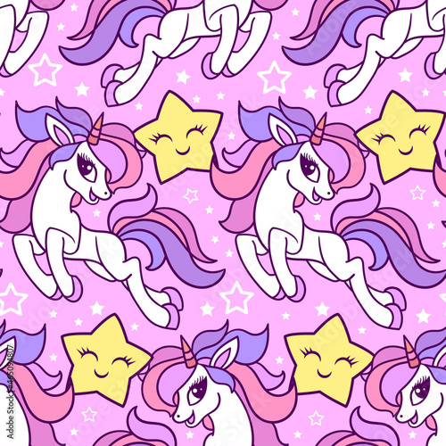 Seamless pattern with rainbow unicorn and stars. For the design of children s backgrounds  wallpapers  fabrics  wrapping paper  etc. Vector