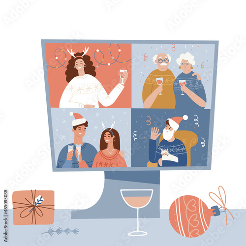 Christmas and New Year online celebration concept. Party online, video call on screen. Monitor standing on desk. Flat ahnd drawn vector illustration. photo