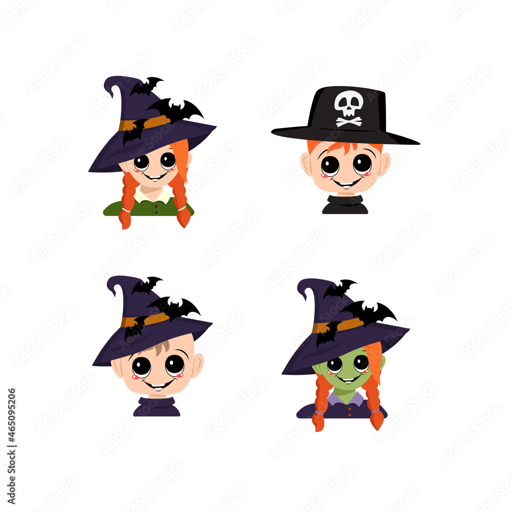 Set of girl, boy and baby with white and green skin, red hair, big eyes and wide happy smile in pointed witch hat with bats. Head of child with joyful face. Halloween party decoration