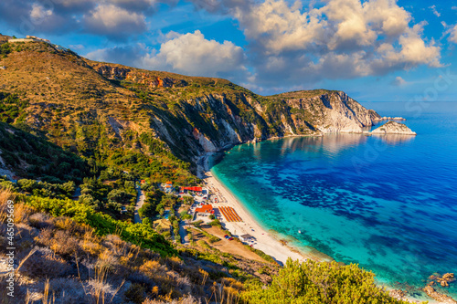 Famous Petani beach in Kefalonia island, Greece. View of Petani bay and beautiful beach, Kefalonia island, Greece