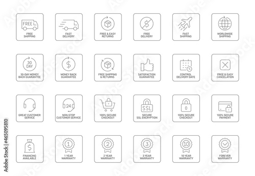 E-commerce, online shopping line icons set. Modern graphic design concepts, simple outline elements collection.