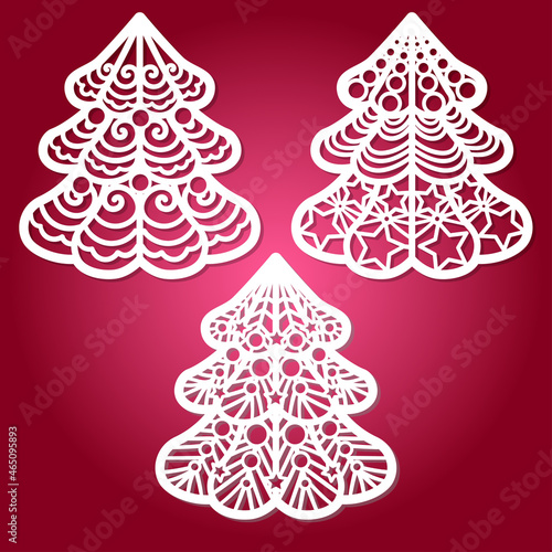 Laser cutting template. Set of openwork Christmas trees. For cutting from any material. For the design of Christmas cards, Christmas tree decorations, interior details, etc. Vector