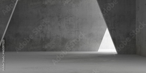 Abstract empty, modern concrete room with indirect lighting with multiple sloped walls in the back and rough floor - industrial interior background template