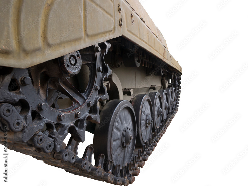 Close-up of armored personnel carrier tracks isolated on white background.
