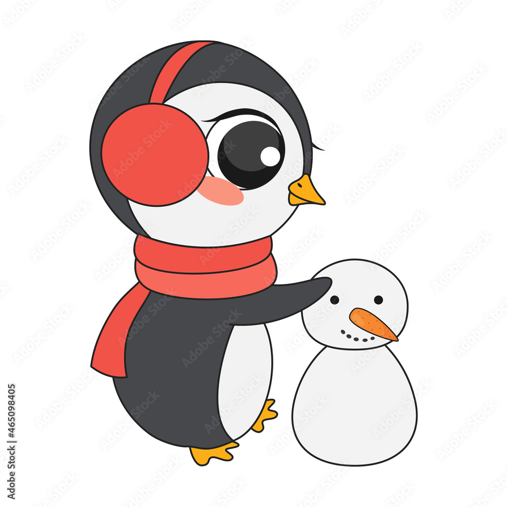 Obraz premium Cute christmas penguin in cartoon style. Vector illustration.
