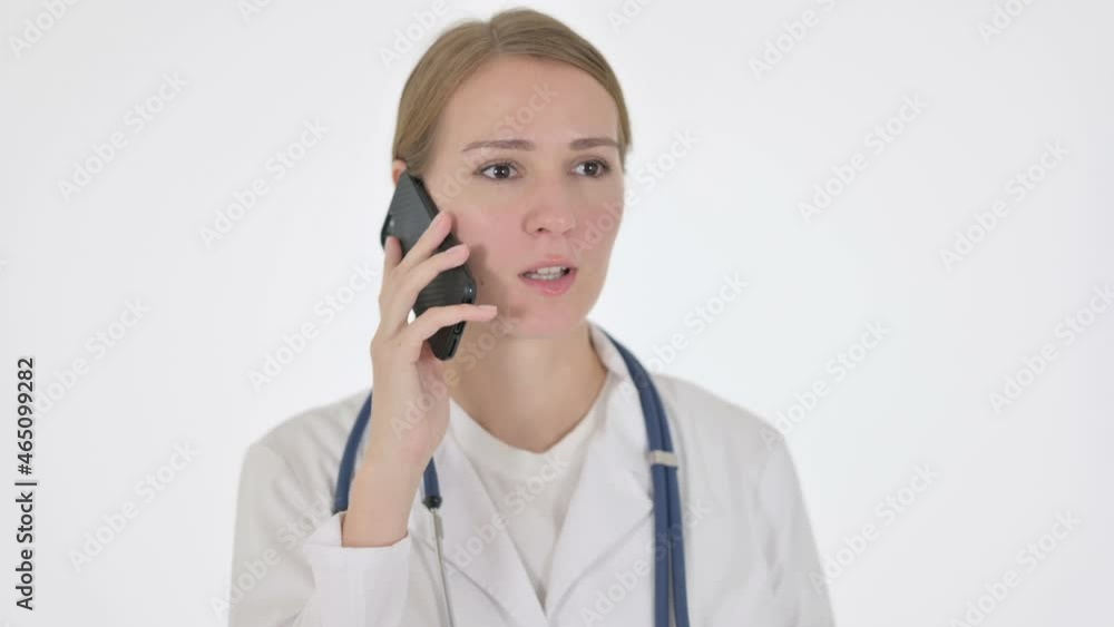 Female Doctor Talking on Phone on White Background Female Doctor Talking on Phone on White Background