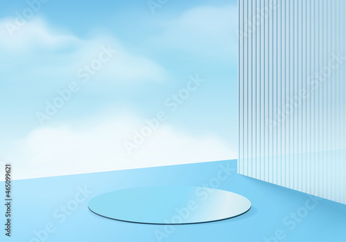 3d background product display podium scene with cloud geometric platform. cloud background vector 3d render with podium. stand to show cosmetic product. Stage showcase on pedestal display blue studio