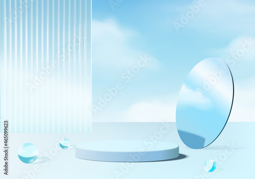 3d background platform with blue glass modern. Background vector 3d rendering crystal podium platform. stand show cosmetic product. Stage showcase on pedestal modern glass studio platform