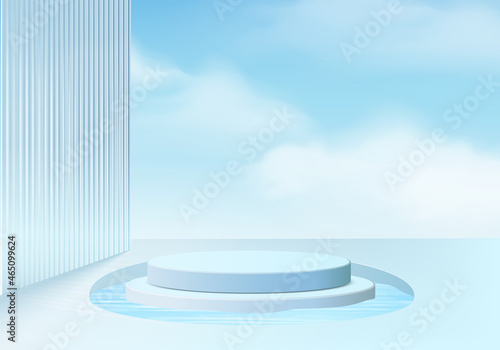 Fototapeta Naklejka Na Ścianę i Meble -  3d background platform with blue glass modern. Background vector 3d rendering crystal podium platform. stand show cosmetic product. Stage showcase on pedestal modern glass studio platform