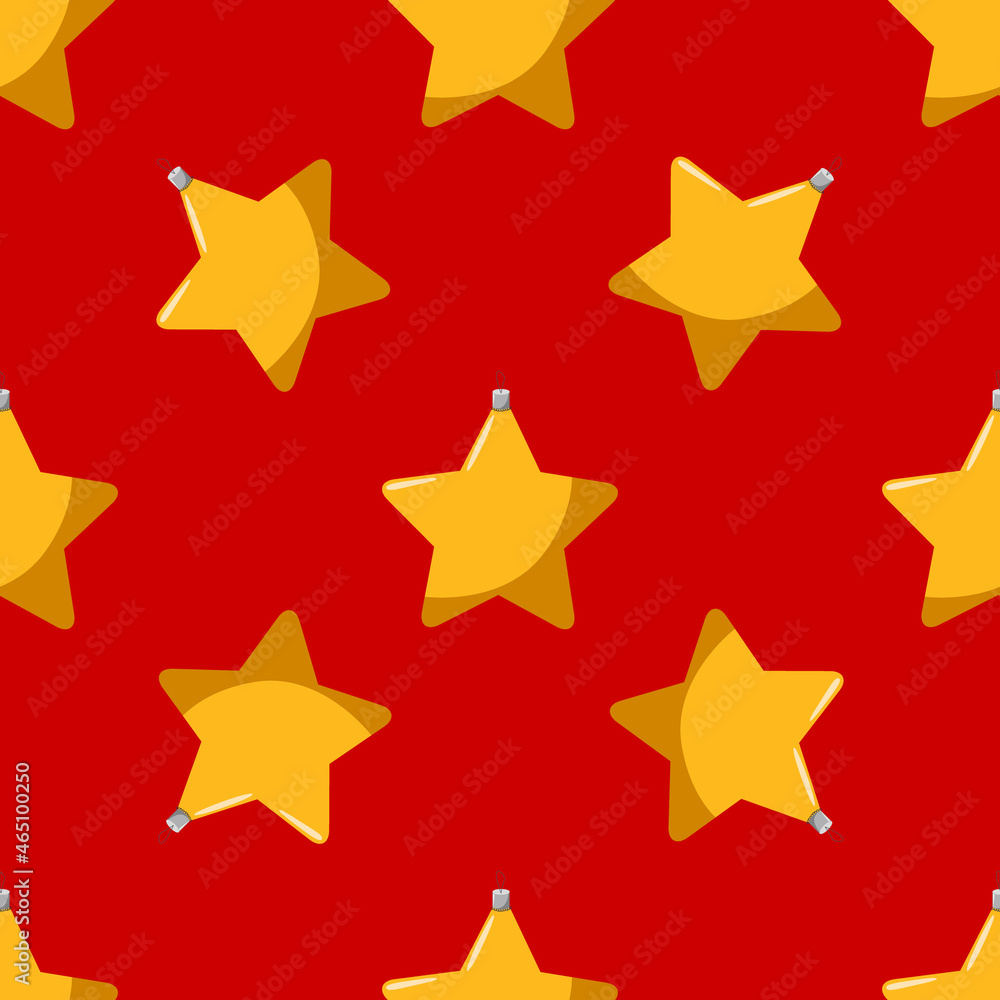 Obraz premium Vector seamless pattern with a yellow star Christmas tree toy on a red background.
