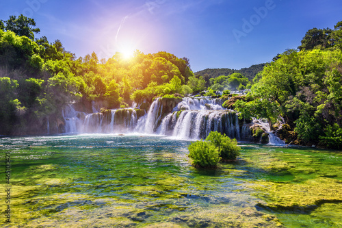 Fototapeta Naklejka Na Ścianę i Meble -  Beautiful Skradinski Buk Waterfall In Krka National Park, Dalmatia, Croatia, Europe. The magical waterfalls of Krka National Park, Split. An incredible place to visit near Split, Croatia.