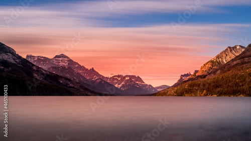 Long Exposure of a Sunset over Upper Waterton Lake in Waterton Lakes National Park in the Canadian Rockies just north of the US Border