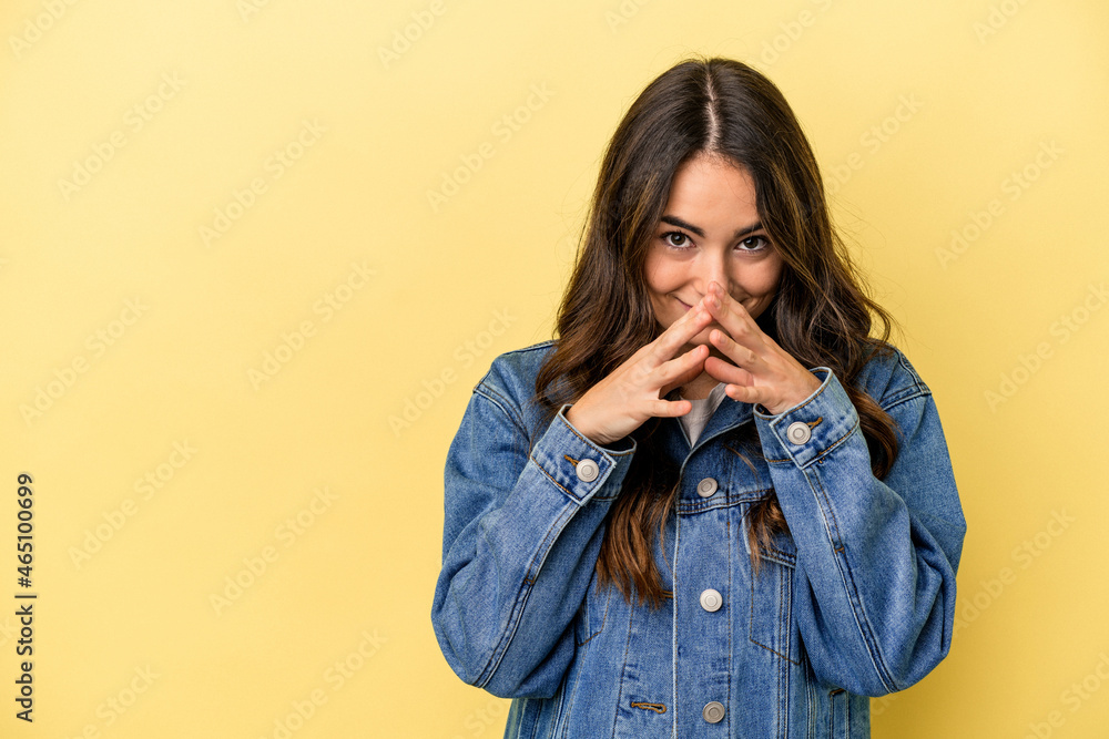 Young caucasian woman isolated on yellow background making up plan in mind, setting up an idea. Young caucasian woman isolated on yellow background making up plan in mind, setting up an idea.