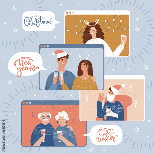 Online Christmas celebration concept. Computer or smartphone screens with young and elder people in Christmas outfits. Flat vector illustration.