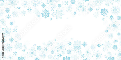 Vector. Winter snowflakes border trendy background. Frame flying close-up snowflakes border illustration, card or banner with confetti flakes scatter frame, snowy elements. Freeze cold. White.