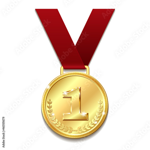Vector gold medal on red ribbon with laurel wreath.