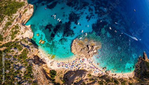 Cala Goloritze view from above. Cala Mariolu famous beach. Italy Sardinia Nuoro province National Park of the Bay of Orosei and Gennargentu Cala Mariolu listed as World Heritage. Sardinia, Italy.