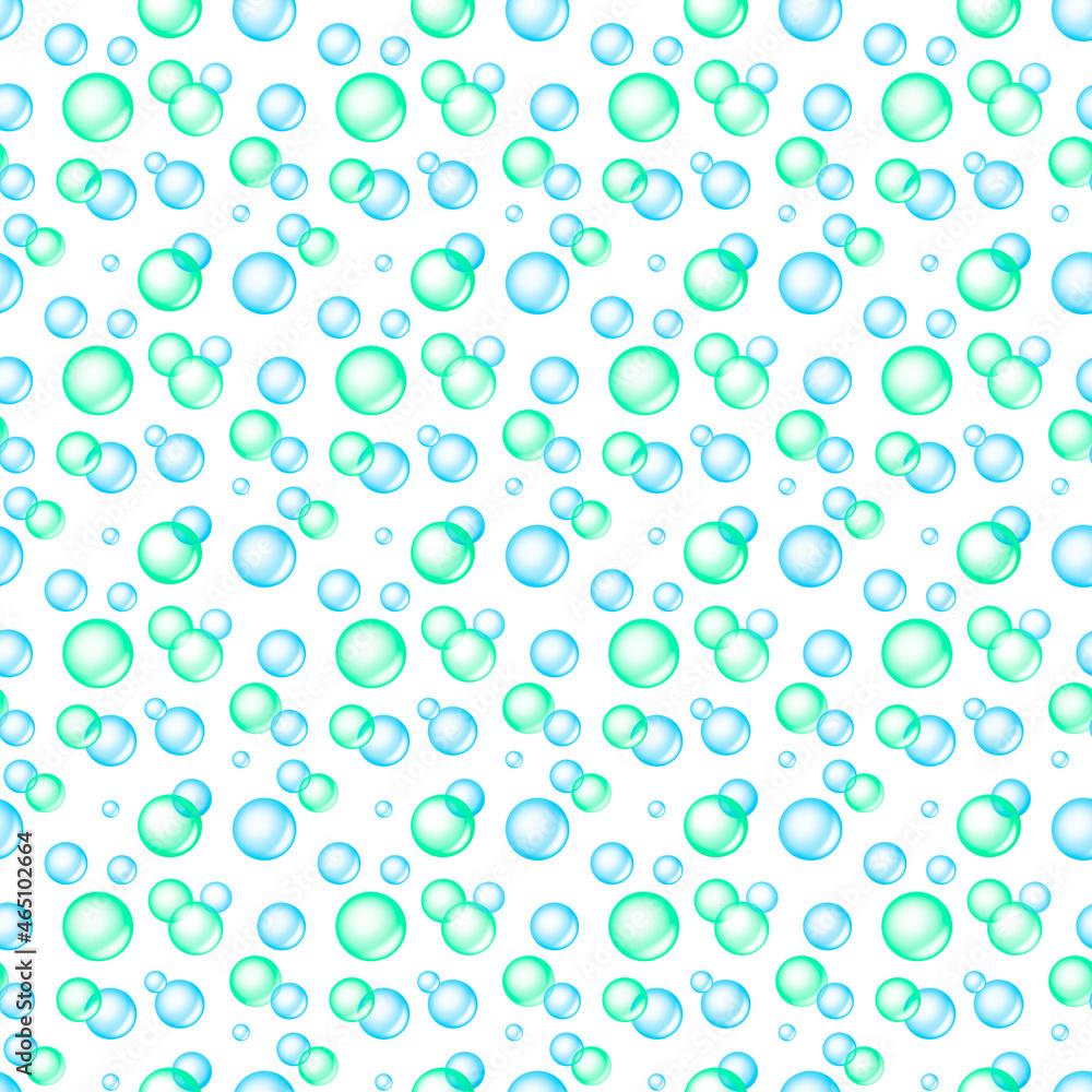 Seamless pattern with beautiful blue and green soap bubbles on a white background. Hygiene print in watercolor style. Art in children's cartoon style. Raster illustration, hand drawing