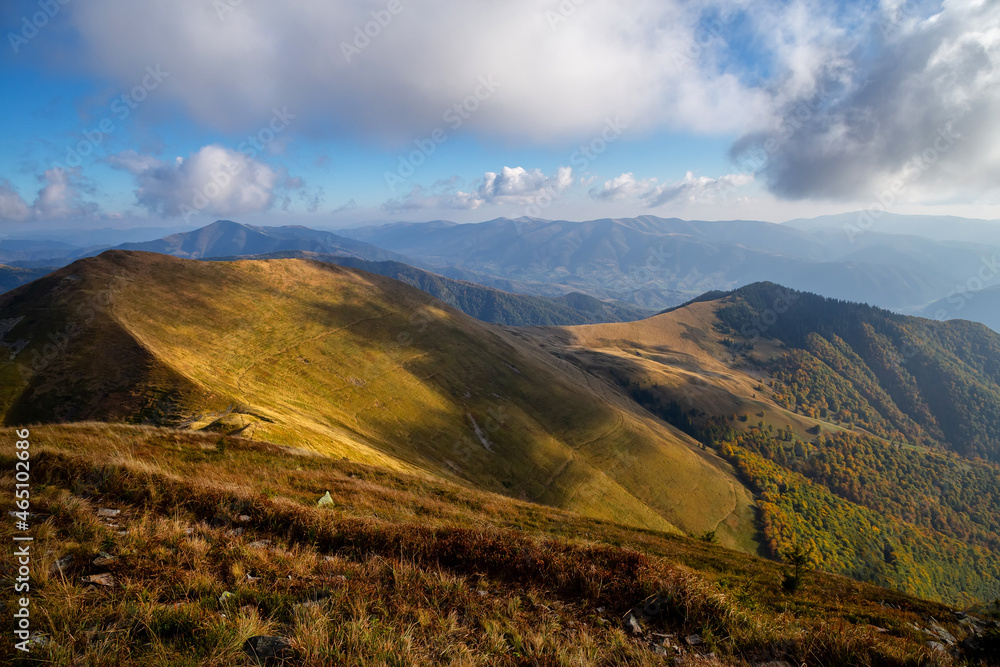 Beautiful autumn mountains in the Carpathians. A walk in the mountains in sunny weather.