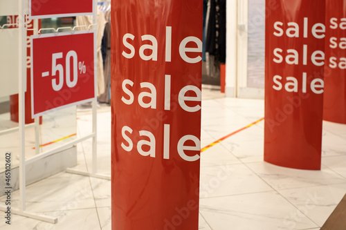 Wallpaper Mural Entrance lobby to store, decorated for seasons of discounts, 50% off discount, with inscription Sales. Fashion concept, discount season, black friday, offline shopping, gimmicks, holiday sales Torontodigital.ca