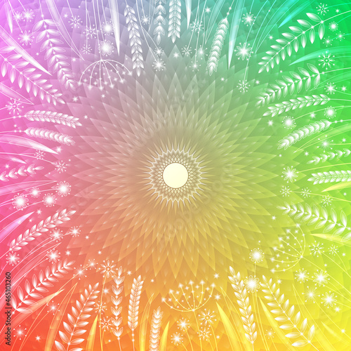 Vector sacred psychedelic mandala. Rainbow sky with sun and crystal field plants.