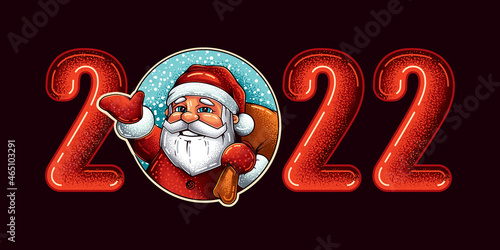 Original vector illustration in vintage style. New Year's banner Santa Claus 2022.