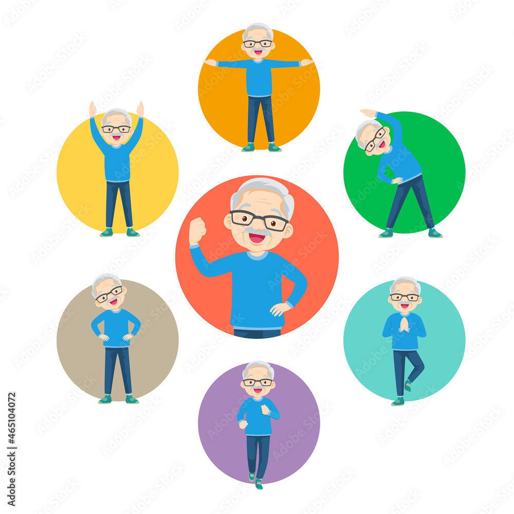 set of strong elderly man healthy from exercise various actions in circle chart