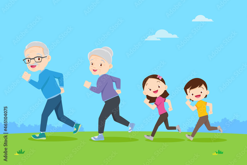 Elderlys jogging with childrens in the park