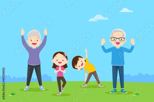 Elderly and kids doing exercises in the park