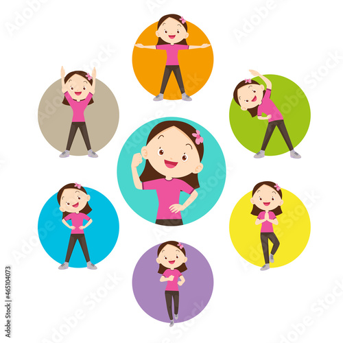 set of strong girl healthy from exercise various actions in circle chart