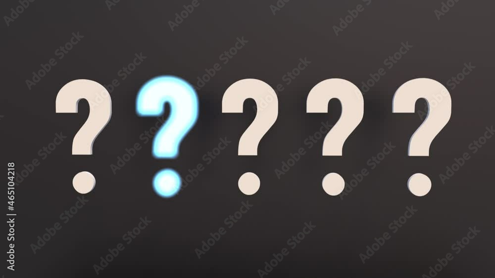 Question marks on a dark background, a flashing neon question mark. Knowledge, research concept. 3D animation. Question marks on a dark background, a flashing neon question mark. Knowledge, research concept. 3D animation.