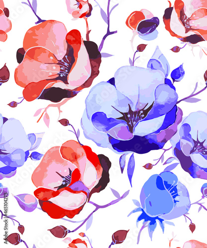 Vector flowers in purple pink and blue shades. Pattern. Buds and twigs. Suitable for vintage postcards, business cards, cover design and fabric.