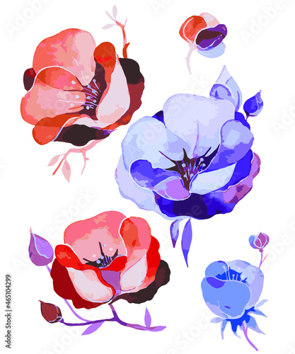 Vector vintage flower set on a white background. Purple, pink and blue shades. Flower collection. Buds and twigs. Suitable for vintage postcards, business cards, cover design. T - shirt.