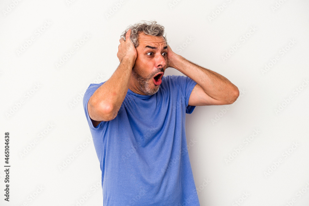 Middle age caucasian man isolated on white background screaming, very excited, passionate, satisfied with something. Middle age caucasian man isolated on white background screaming, very excited, passionate, satisfied with something.