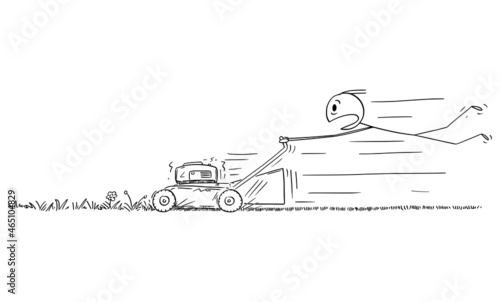 Man Using Mad Lawn Mower to Cut the Grass on Garden, Vector Cartoon Stick Figure Illustration