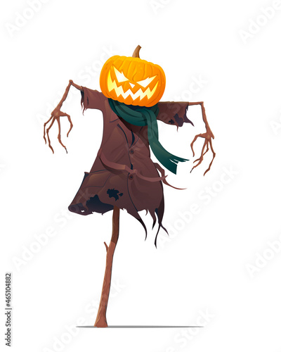 The scarecrow with a pumpkin head is isolated on a white background. The vector illustration of a cartoon character for Halloween.