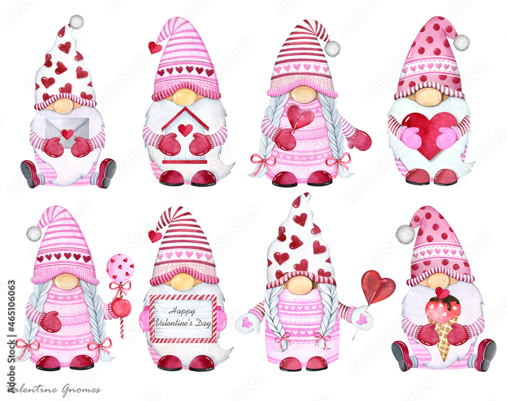 Set of cute Gnomes for valentine's day. Watercolor illustration. Valentines Gnomes on white background.
Set of cute Gnomes for valentine's day. Watercolor illustration. Valentines Gnomes on white background.