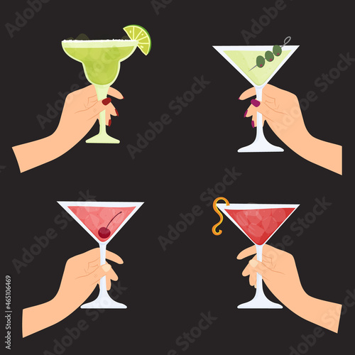 Hand drawn cartoon vector illustration of female hands holding Martini, Manhattan, Cosmopolitan frozen Margarita cocktails. Celebration, party, girls night out.