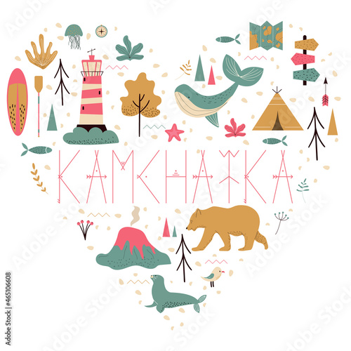 Kamchatka Peninsula set in the shape of a heart.Russian travel cartoon seamless design.Eurasia.Far Eastern Federal District.Wild nature and animals.Vector colorful illustration.Eps 10