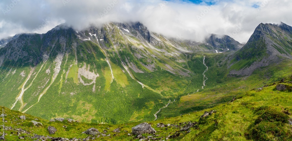 Views of mountains and waterfalls from Urke ridge trail (Urkeega), Norway