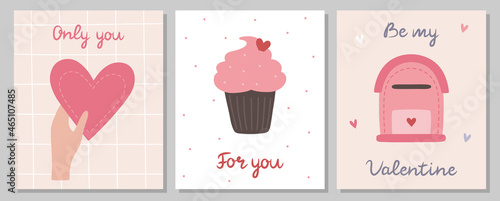 A set of Valentine's Day cards. A hand holds a heart, a sweet cake, a mailbox. Vector illustration. Templates for invitations, greeting cards, posters, postcards
