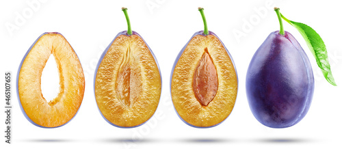 Set of ripe plums, one is whole, half with stone, another half without kernel, and a middle slice, isolated on a white background.