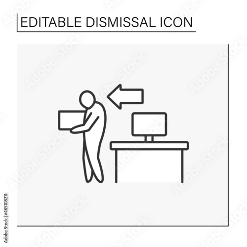 Dismiss line icon. Unhappy worker with a box of personal things goes home. Fired person. Office. Dismissal concept. Isolated vector illustration. Editable stroke