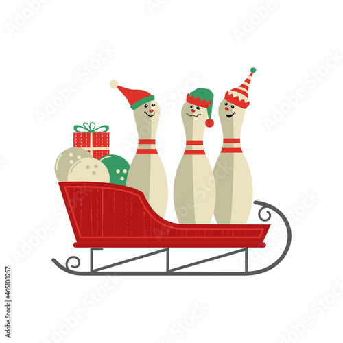 Cute Christmas bowling pins in sleigh flat vector icon. Comic pin in Elf hat cartoon. Winter season holiday bowling parties design element. Christmas New year event celebration background illustration