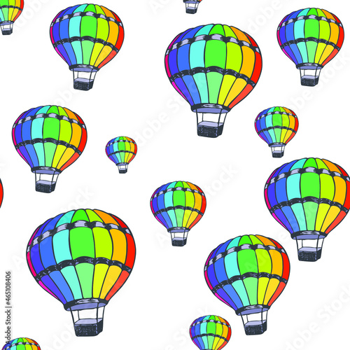 Hot air balloon isolated rinbow vector seamless pattern graphic design. Hotair baloon aircraft with basket. Hot air balloons aerostat flotilla childish illustration. Sport travelling print photo