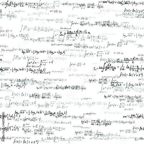Mathematical formulas hand drawn black signs on white background. Trigonometry, logarithm, geometry, arithmetic calculation math formulas with equations and mathmetical symbols seamless pattern
