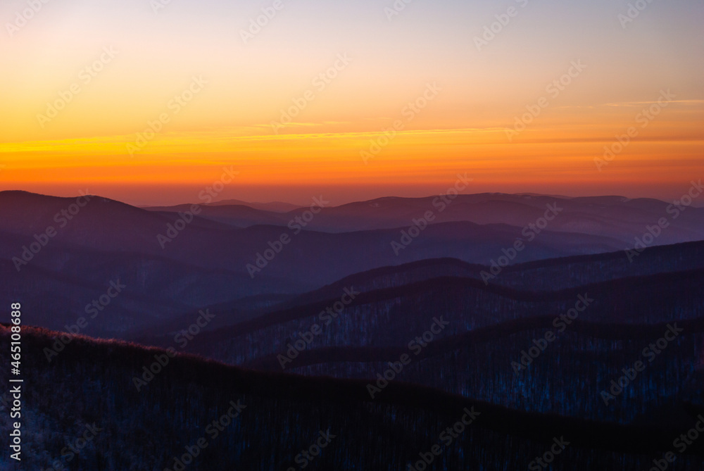 Mountain peaks in the setting sun, Bieszczady Mountains, Poland